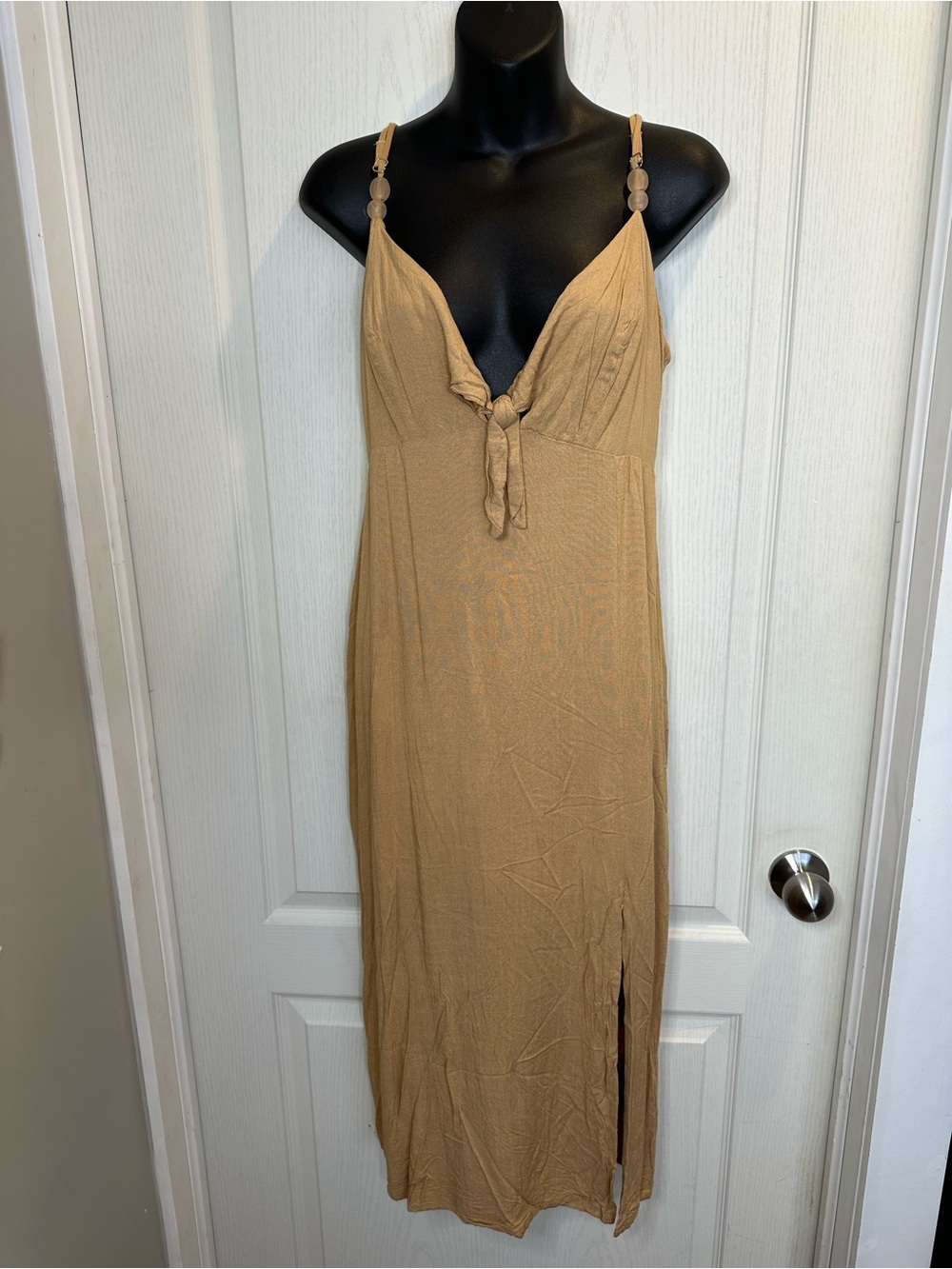 Sleeveless Tan Midi Dress with Front Tie